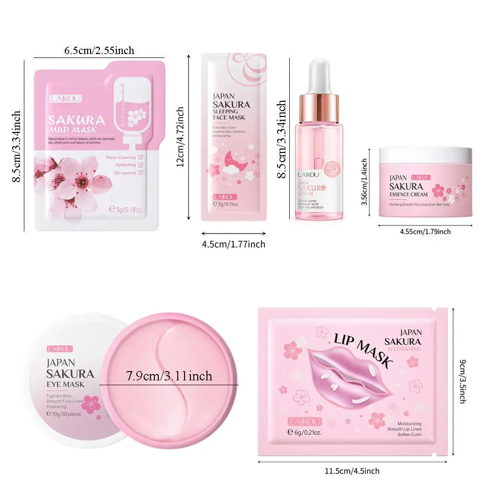 Kit de cuidado de la piel Sakura, 14 unids/set de mascarilla facial hidratante, crema facial de esencia, mascarilla para ojos y mascarilla labial, kit de cuidado de la piel para mujeres