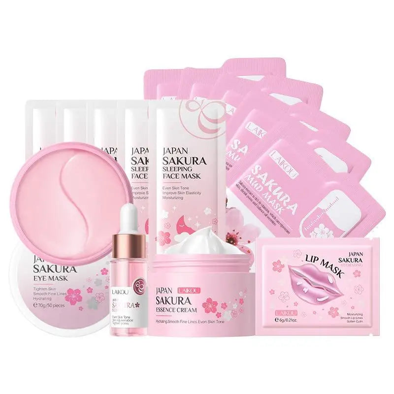Kit de cuidado de la piel Sakura, 14 unids/set de mascarilla facial hidratante, crema facial de esencia, mascarilla para ojos y mascarilla labial, kit de cuidado de la piel para mujeres