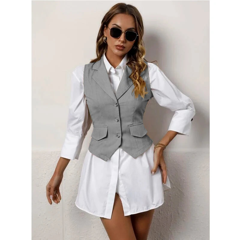 Chaleco de traje para mujer, chaqueta informal sin mangas, chaleco Formal con solapa, moda de verano
