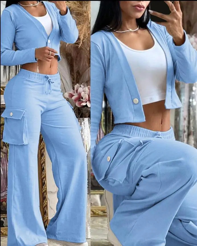 Conjuntos informales de dos piezas para mujer, cárdigan a la moda para primavera y otoño, Top corto de manga larga, pantalones Cargo con bolsillos grandes, conjuntos 2024