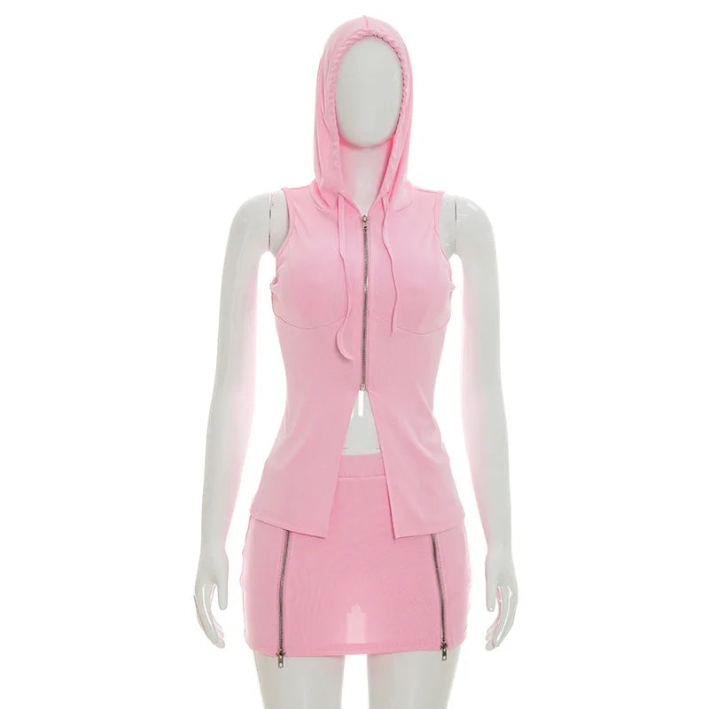 Conjunto de 2 piezas casual para mujer: Tops sin mangas con capucha y cremallera + Minifaldas ajustadas con cremallera, estilo urbano