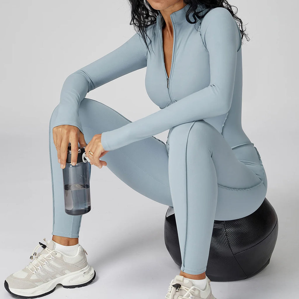 Peleles sexys para entrenamiento, mono con cremallera, monos deportivos de manga larga para mujer, trajes de gimnasio para correr y Fitness, chándal de una pieza, ropa deportiva
