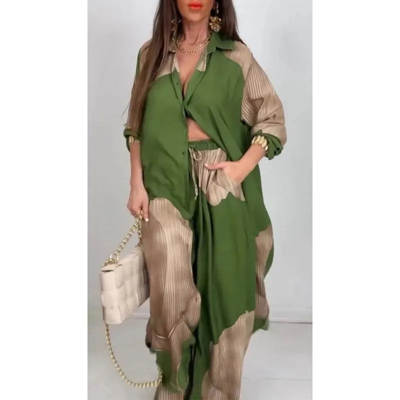 Conjunto informal holgado de 2 piezas para mujer, camisa de manga larga con botones y pantalones acampanados de pierna ancha, conjunto de chándal estampado de calle