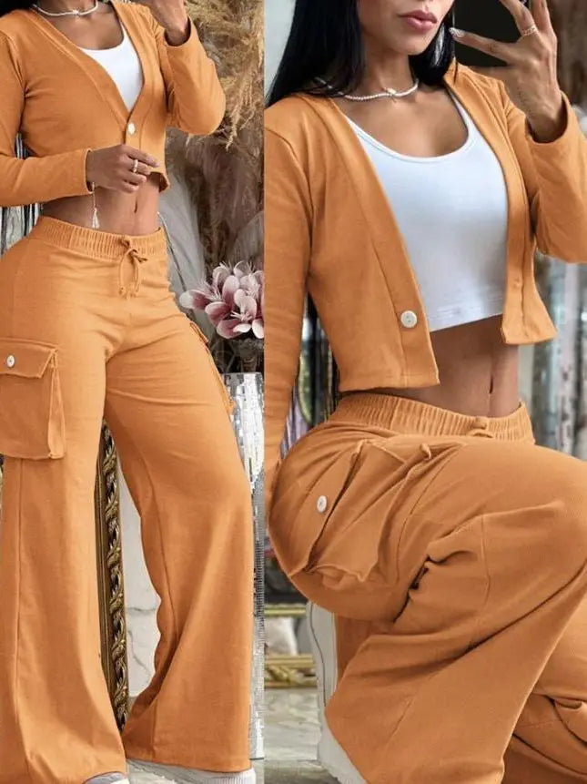 Conjuntos informales de dos piezas para mujer, cárdigan a la moda para primavera y otoño, Top corto de manga larga, pantalones Cargo con bolsillos grandes, conjuntos 2024