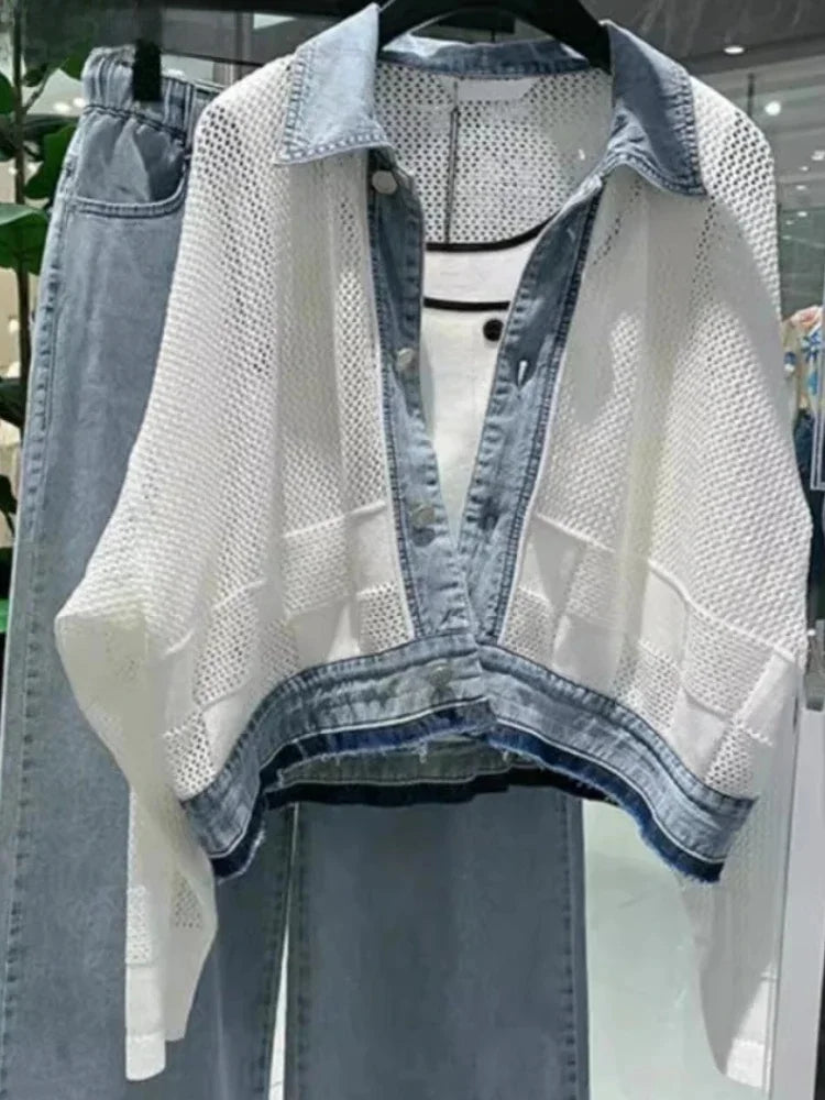 2025 Ropa de Mujer, ropa de calle, abrigos de moda, retales de mezclilla ahuecados, Tops Y2k, prendas de vestir coreanas, chaquetas holgadas informales, Ropa de Mujer