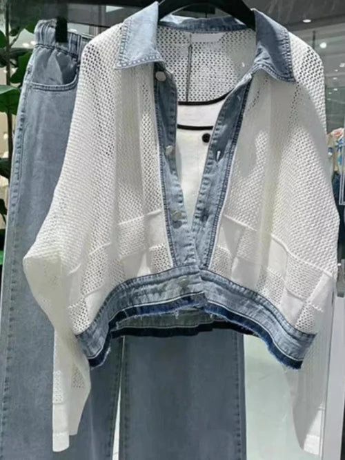 2025 Ropa de Mujer, ropa de calle, abrigos de moda, retales de mezclilla ahuecados, Tops Y2k, prendas de vestir coreanas, chaquetas holgadas informales, Ropa de Mujer