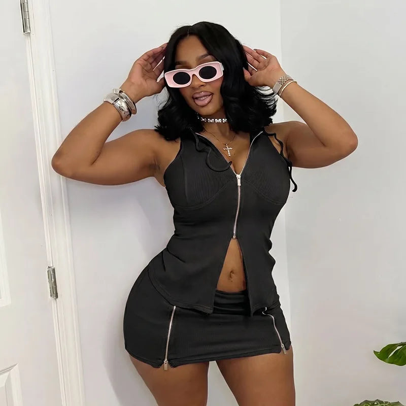 Conjunto de 2 piezas casual para mujer: Tops sin mangas con capucha y cremallera + Minifaldas ajustadas con cremallera, estilo urbano
