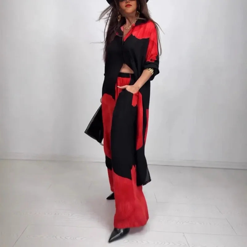Conjunto informal holgado de 2 piezas para mujer, camisa de manga larga con botones y pantalones acampanados de pierna ancha, conjunto de chándal estampado de calle