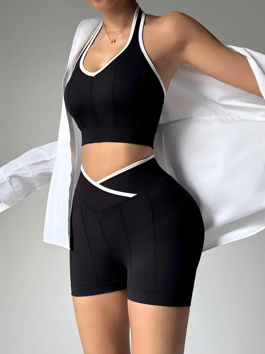 Conjunto de ropa de yoga de secado rápido para mujer, incluye pantalones cortos de yoga y ciclismo, top deportivo, chaleco de fitness y conjunto deportivo.