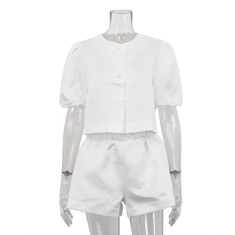 Conjunto de Dos Piezas Casual para Mujer, Diseño Moderno, Top de Manga Abullonada con Cuello Redondo y Pantalones Cortos