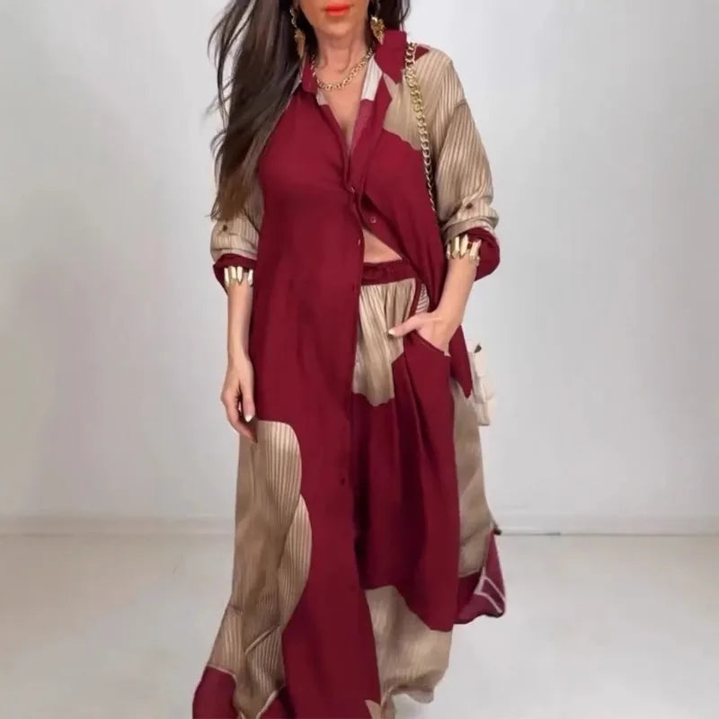Conjunto informal holgado de 2 piezas para mujer, camisa de manga larga con botones y pantalones acampanados de pierna ancha, conjunto de chándal estampado de calle