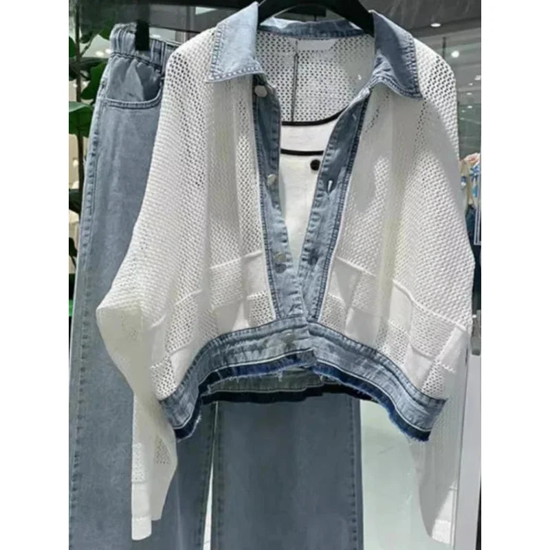 2025 Ropa de Mujer, ropa de calle, abrigos de moda, retales de mezclilla ahuecados, Tops Y2k, prendas de vestir coreanas, chaquetas holgadas informales, Ropa de Mujer