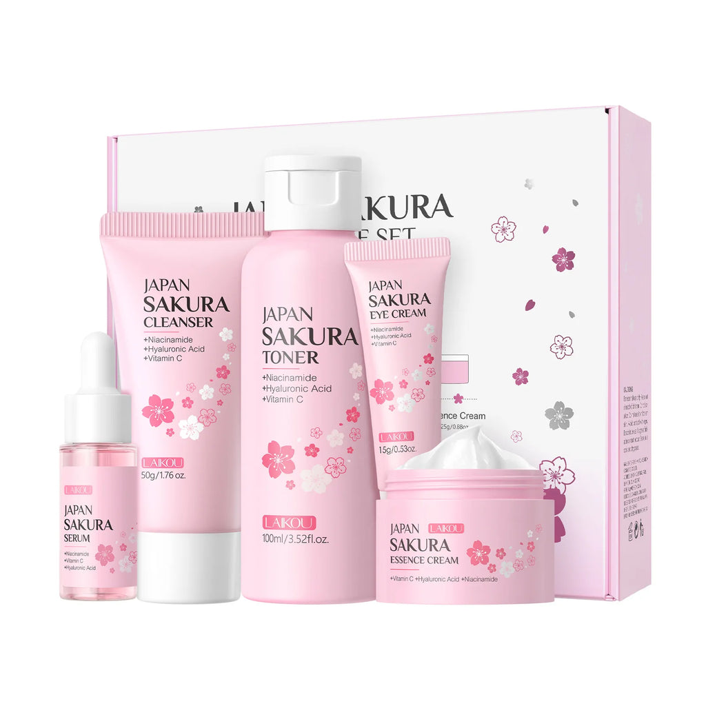 Set de Cuidado Facial Laikou Japan Sakura de 5 Piezas, Kit Hidratante e Iluminador con Limpiador, Tónico, Suero, Crema para Ojos y Crema Esencial