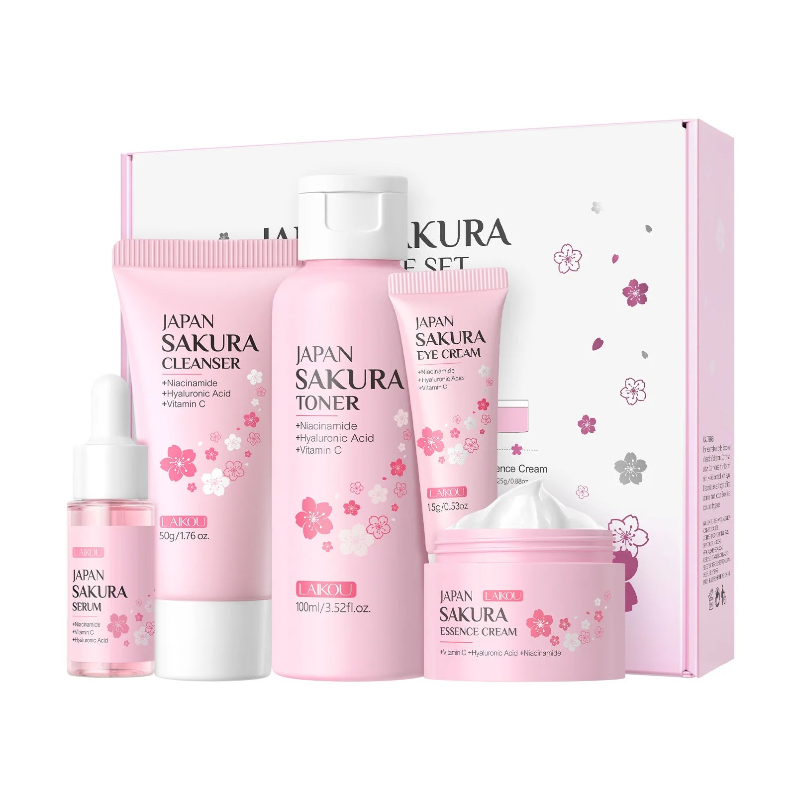 Set de Cuidado Facial Laikou Japan Sakura de 5 Piezas, Kit Hidratante e Iluminador con Limpiador, Tónico, Suero, Crema para Ojos y Crema Esencial