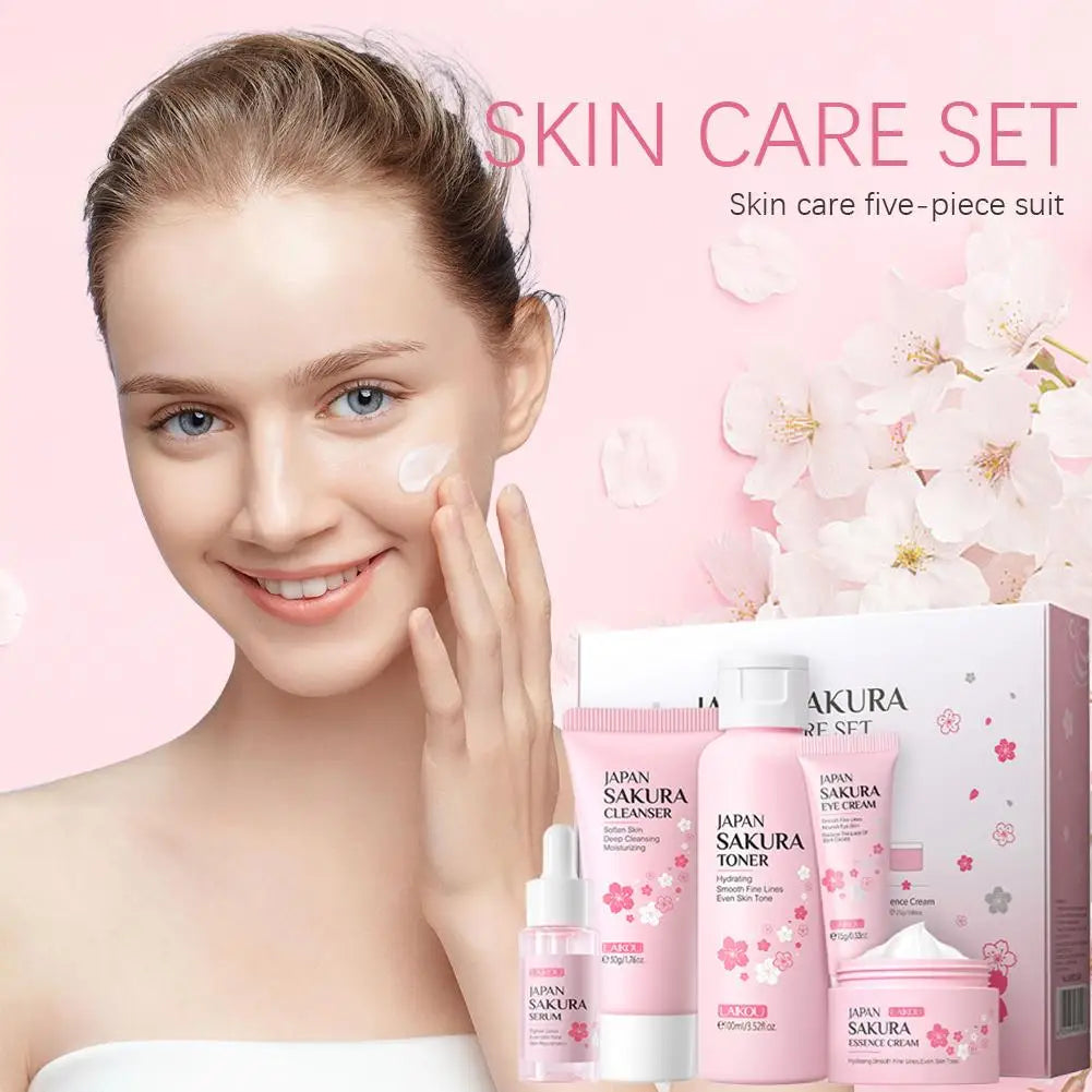 5/3 unids/set Sakura juegos para el cuidado de la piel crema Facial suero tóner limpiador Facial protector solar crema para ojos caja de regalo producto para el cuidado de la piel Facial