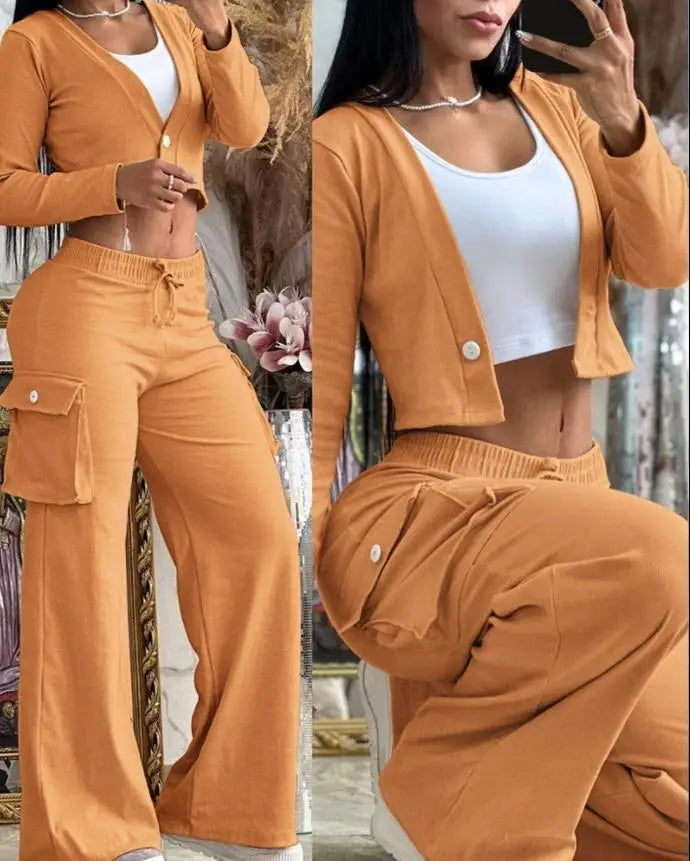 Conjuntos informales de dos piezas para mujer, cárdigan a la moda para primavera y otoño, Top corto de manga larga, pantalones Cargo con bolsillos grandes, conjuntos 2024