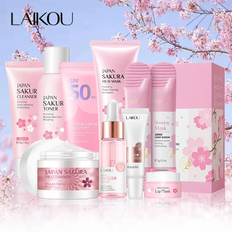 Kit de productos faciales Sakura, 9 Uds., juego de cuidado de la piel, limpiador Facial, crema Facial, protector solar, máscara Facial, crema para ojos, producto coreano para el cuidado de la piel
