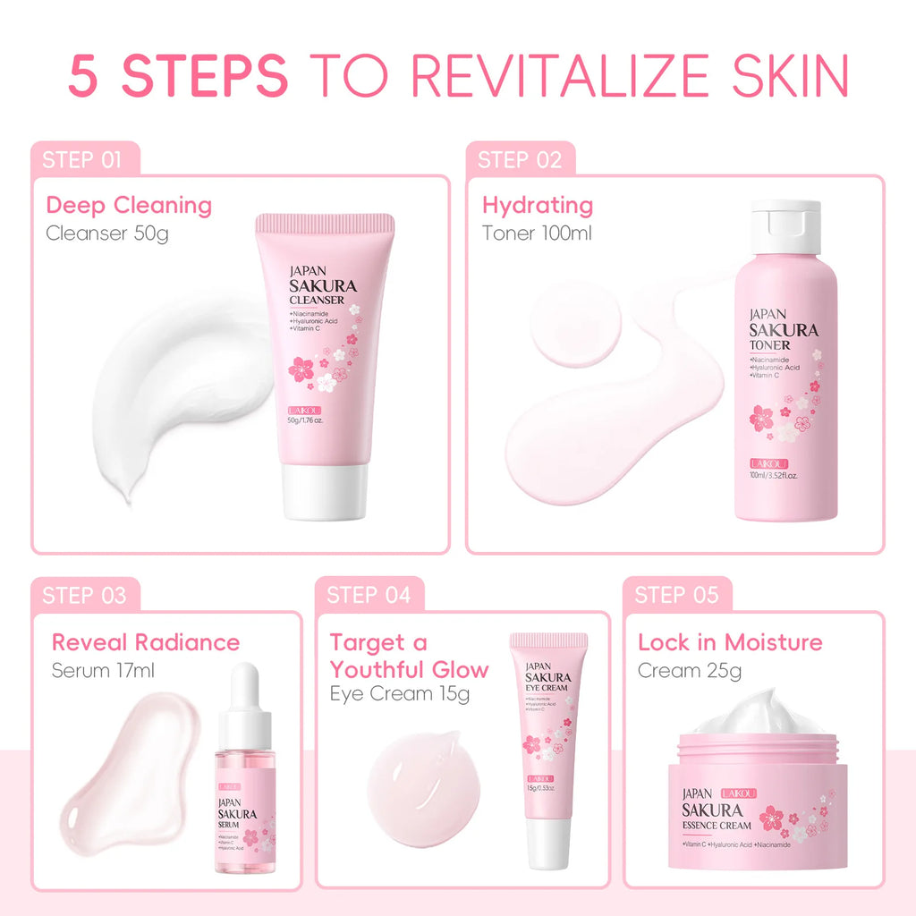 Set de Cuidado Facial Laikou Japan Sakura de 5 Piezas, Kit Hidratante e Iluminador con Limpiador, Tónico, Suero, Crema para Ojos y Crema Esencial