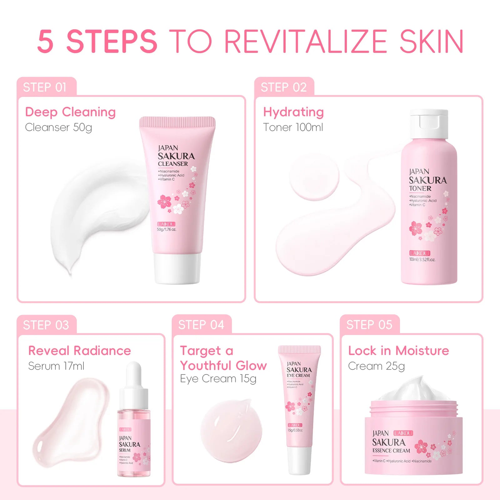 Set de Cuidado Facial Laikou Japan Sakura de 5 Piezas, Kit Hidratante e Iluminador con Limpiador, Tónico, Suero, Crema para Ojos y Crema Esencial