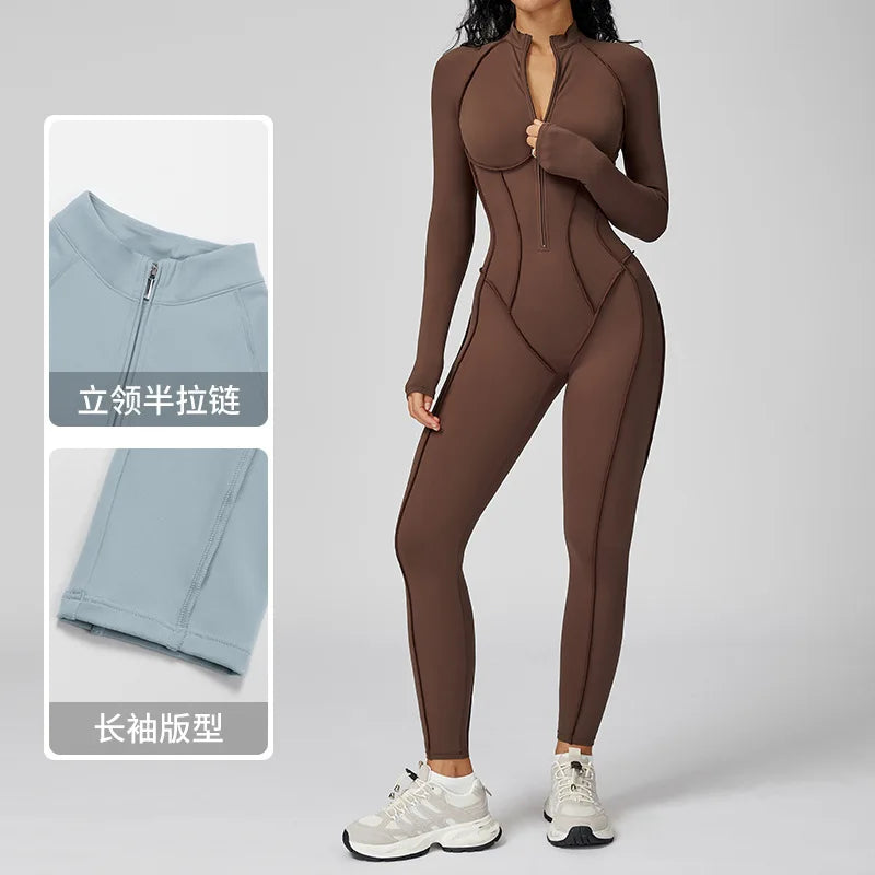 Peleles sexys para entrenamiento, mono con cremallera, monos deportivos de manga larga para mujer, trajes de gimnasio para correr y Fitness, chándal de una pieza, ropa deportiva