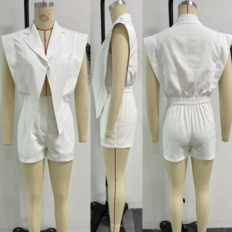 Conjuntos cortos informales lisos para mujer, conjunto de 2 piezas, ropa de calle sin mangas, Top Irregular de un solo botón + Pantalones cortos, novedad en conjuntos a juego