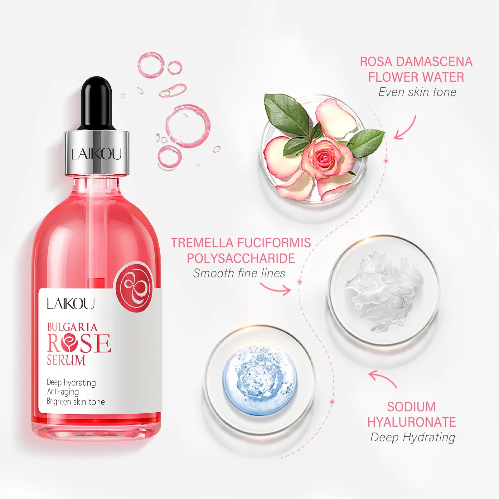 LAIKOU Sakura - Sérum Facial con Esencia de Rosas, Hidratante, Reafirmante, Iluminador, Suavizante, Productos para el Cuidado de la Piel Facial, 100 ml