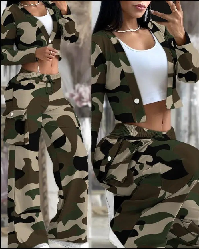 Conjuntos informales de dos piezas para mujer, cárdigan a la moda para primavera y otoño, Top corto de manga larga, pantalones Cargo con bolsillos grandes, conjuntos 2024