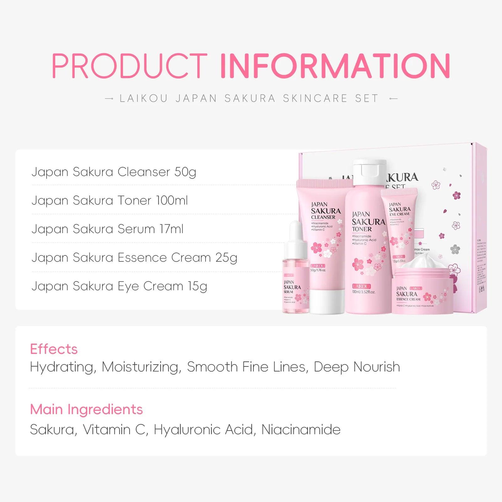 Set de Cuidado Facial Laikou Japan Sakura de 5 Piezas, Kit Hidratante e Iluminador con Limpiador, Tónico, Suero, Crema para Ojos y Crema Esencial