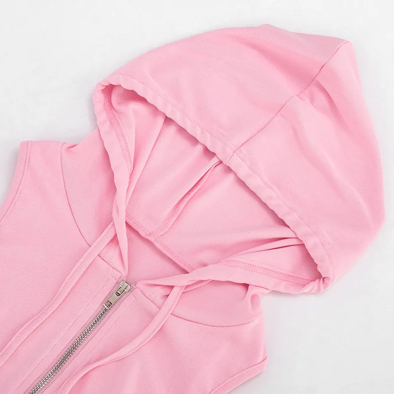 Conjunto de 2 piezas casual para mujer: Tops sin mangas con capucha y cremallera + Minifaldas ajustadas con cremallera, estilo urbano