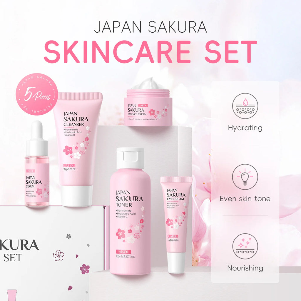 Set de Cuidado Facial Laikou Japan Sakura de 5 Piezas, Kit Hidratante e Iluminador con Limpiador, Tónico, Suero, Crema para Ojos y Crema Esencial