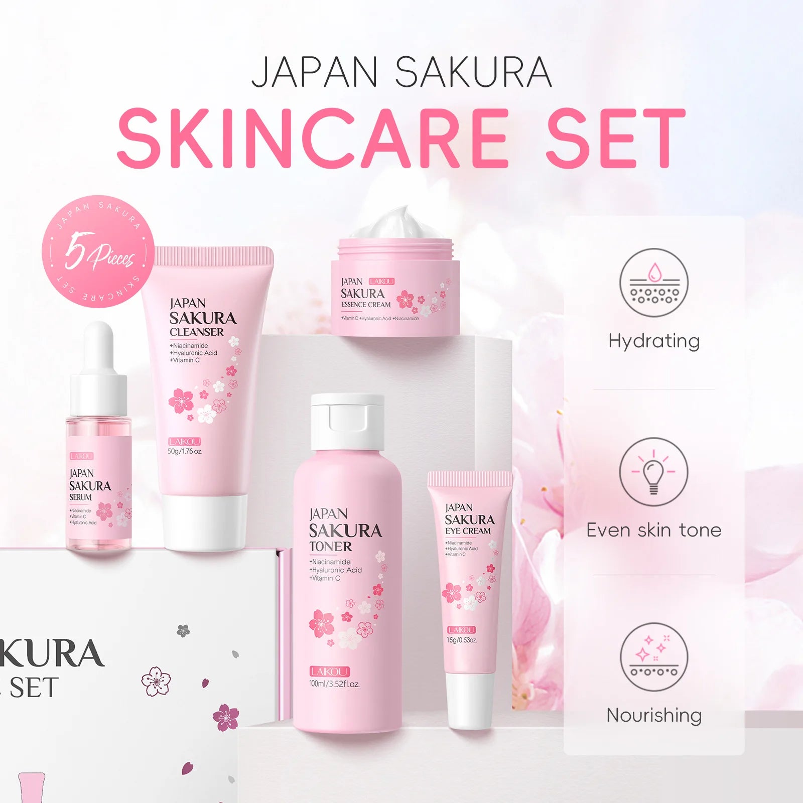 Set de Cuidado Facial Laikou Japan Sakura de 5 Piezas, Kit Hidratante e Iluminador con Limpiador, Tónico, Suero, Crema para Ojos y Crema Esencial