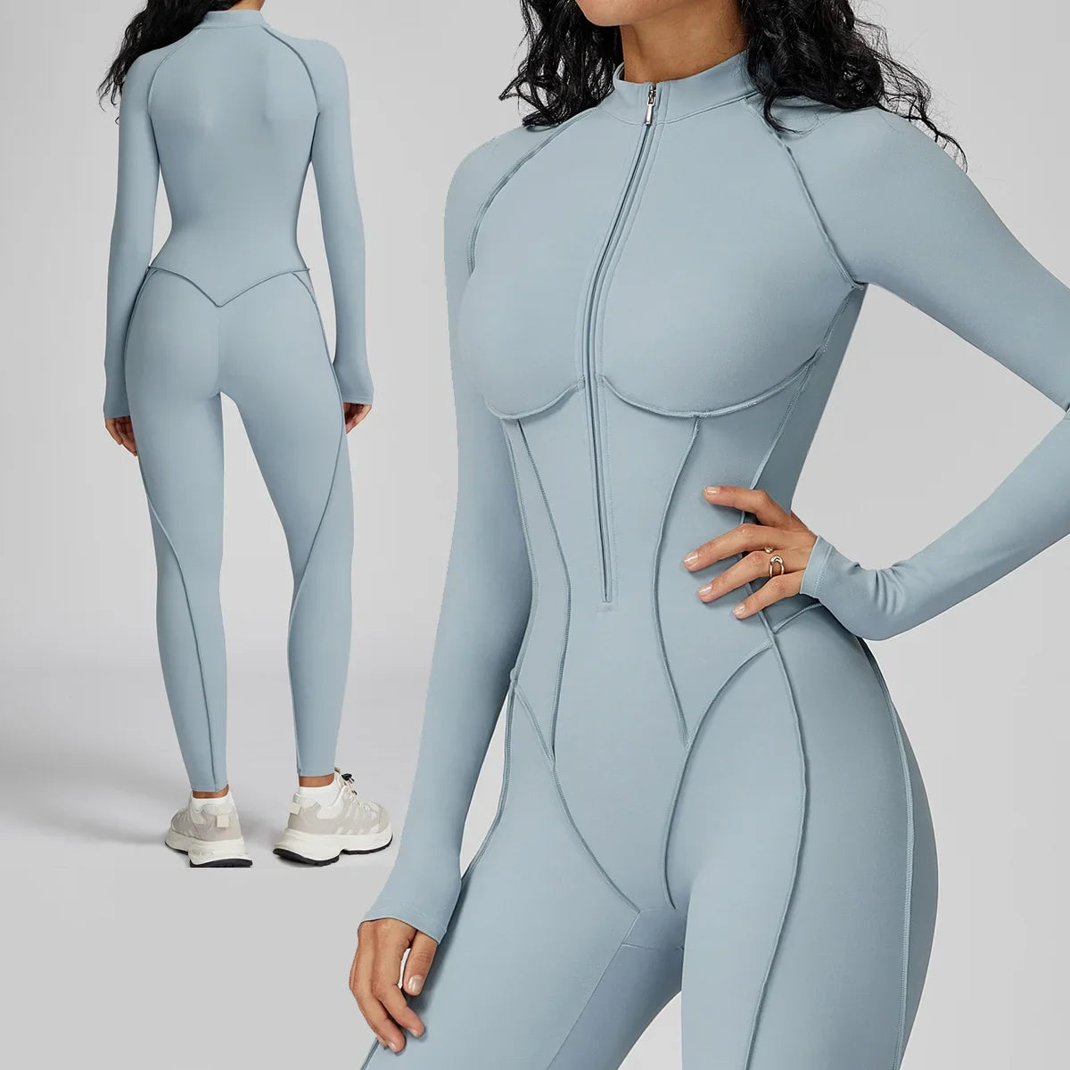 Peleles sexys para entrenamiento, mono con cremallera, monos deportivos de manga larga para mujer, trajes de gimnasio para correr y Fitness, chándal de una pieza, ropa deportiva