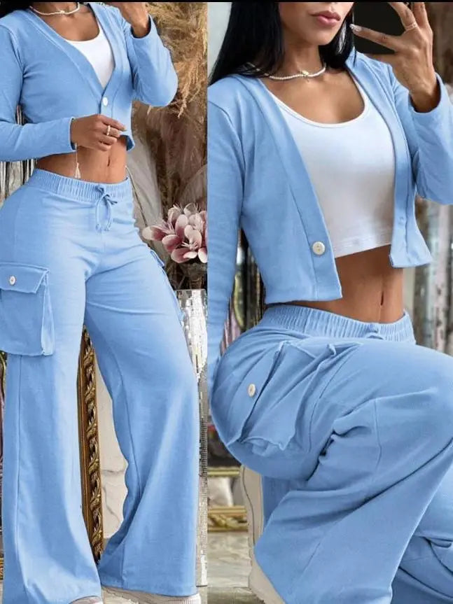 Conjuntos informales de dos piezas para mujer, cárdigan a la moda para primavera y otoño, Top corto de manga larga, pantalones Cargo con bolsillos grandes, conjuntos 2024