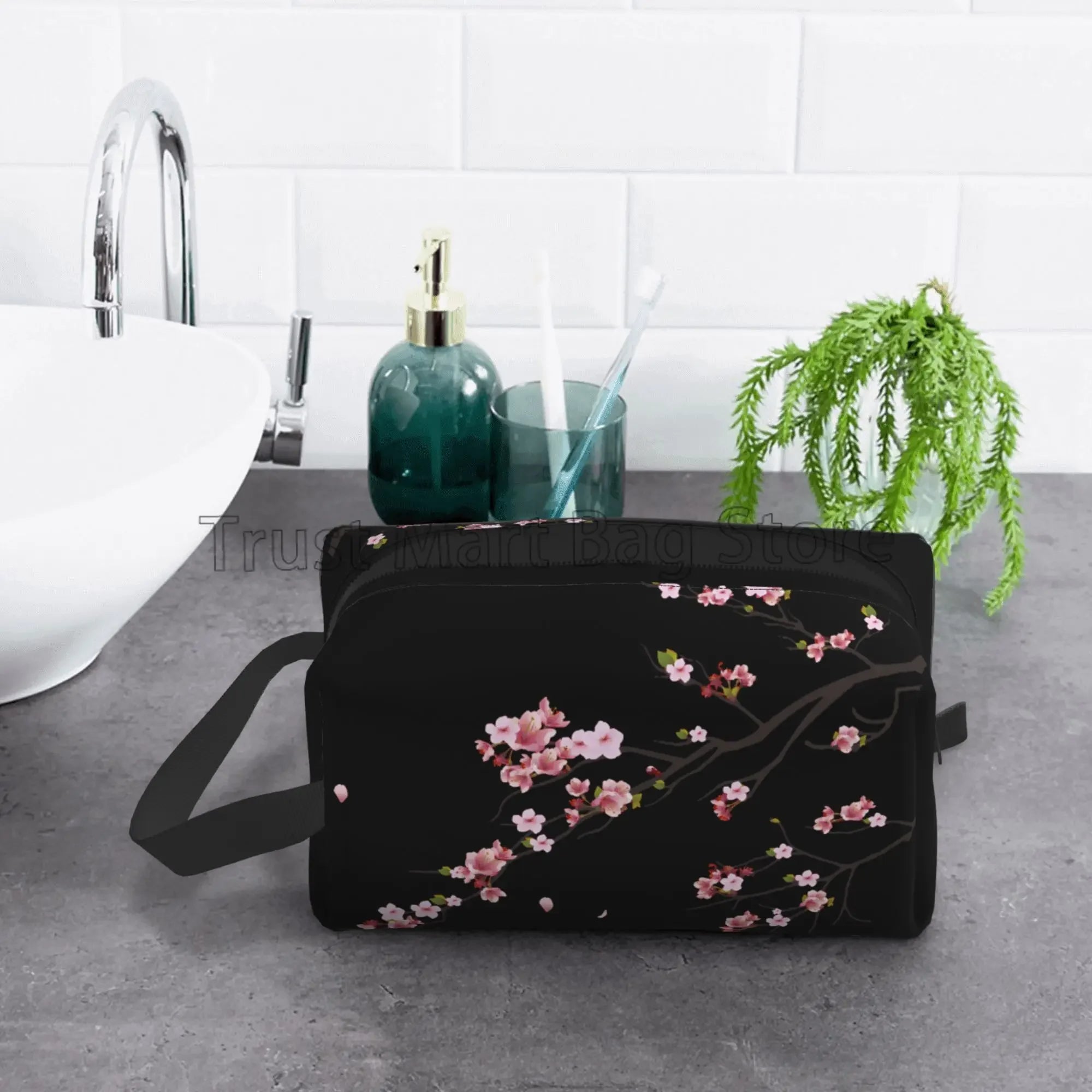 Bolsas de cosméticos con estampado de flores de cerezo Sakura japonés para mujer, bolsa de aseo de viaje con cremallera, bolsa de maquillaje grande resistente al agua, regalo