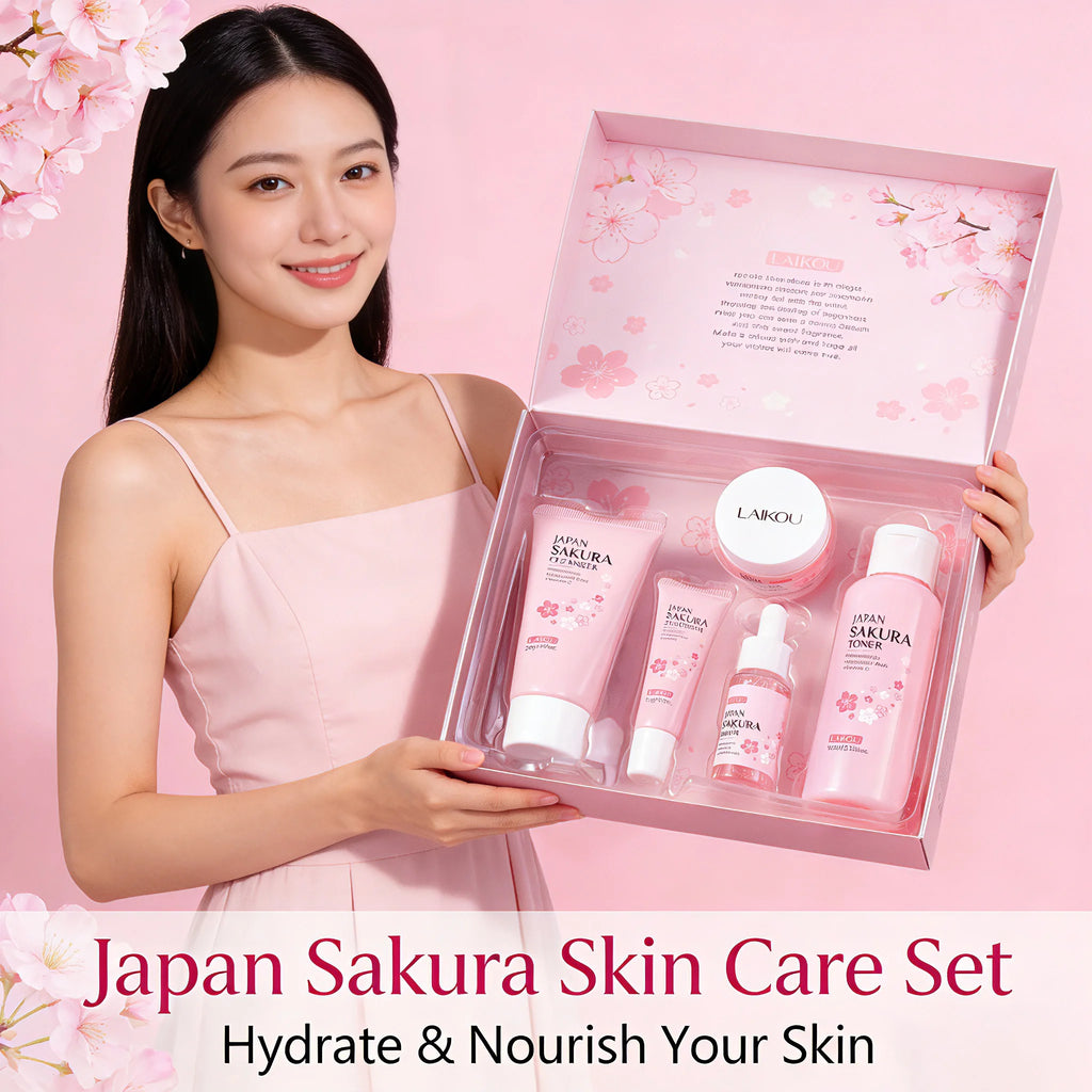 Set de Cuidado Facial Laikou Japan Sakura de 5 Piezas, Kit Hidratante e Iluminador con Limpiador, Tónico, Suero, Crema para Ojos y Crema Esencial