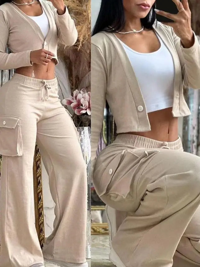 Conjuntos informales de dos piezas para mujer, cárdigan a la moda para primavera y otoño, Top corto de manga larga, pantalones Cargo con bolsillos grandes, conjuntos 2024
