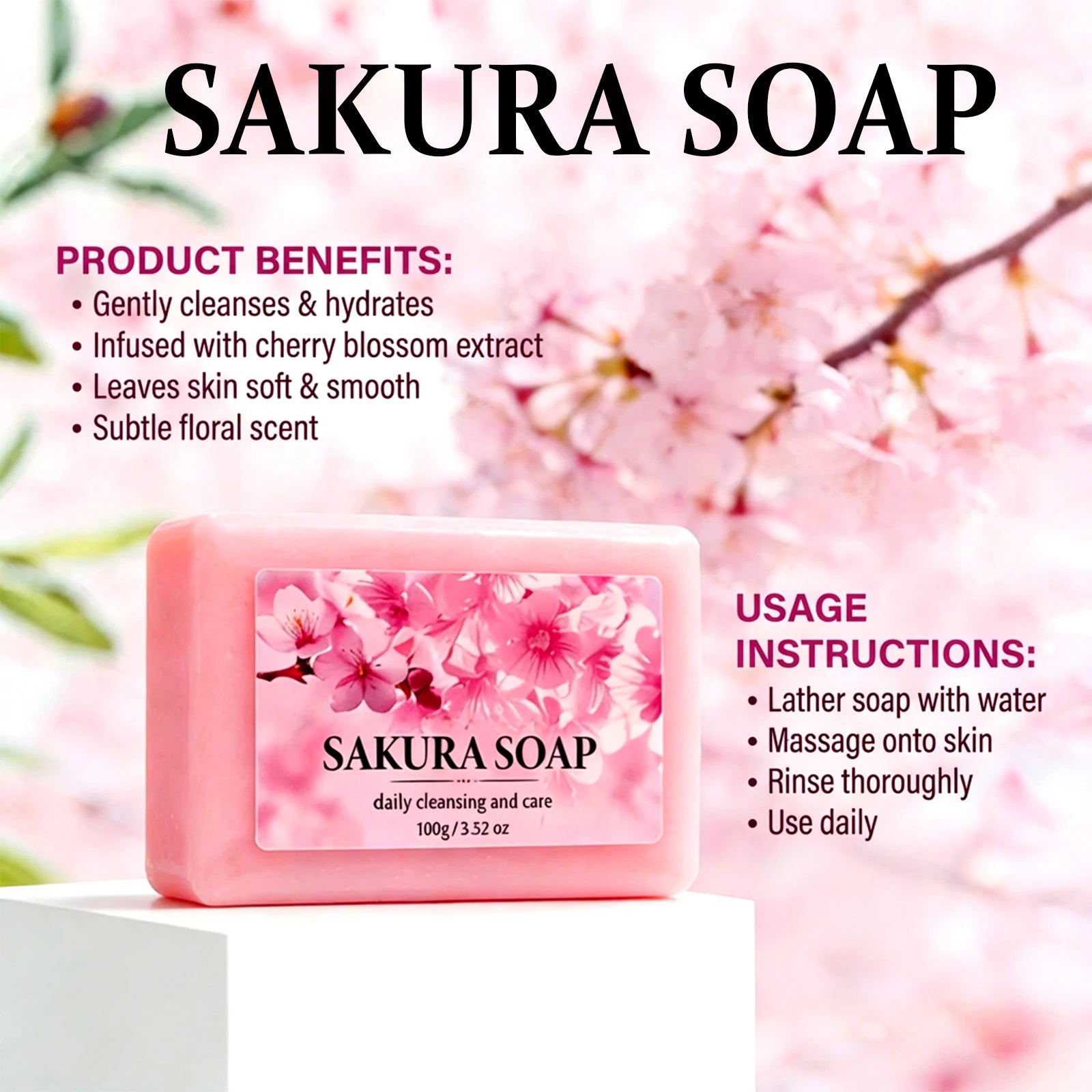 Jabón Artesanal de Sakura con Glicerina, Suave, No Reseca, Aroma Duradero, Jabón Limpiador para Cara y Cuerpo, Regalo