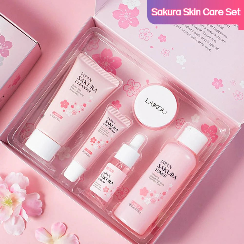 5/3 unids/set Sakura juegos para el cuidado de la piel crema Facial suero tóner limpiador Facial protector solar crema para ojos caja de regalo producto para el cuidado de la piel Facial