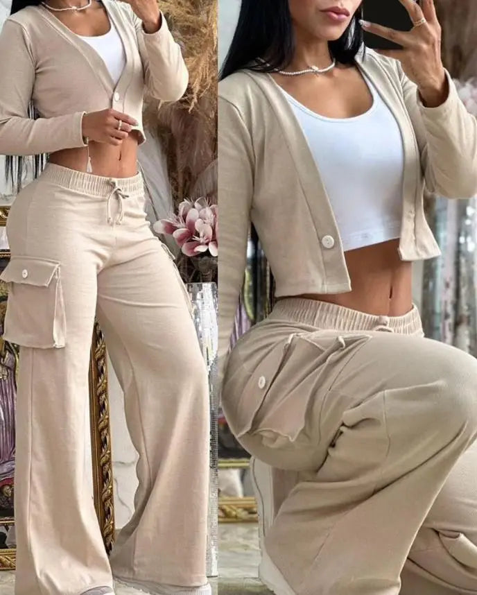 Conjuntos informales de dos piezas para mujer, cárdigan a la moda para primavera y otoño, Top corto de manga larga, pantalones Cargo con bolsillos grandes, conjuntos 2024
