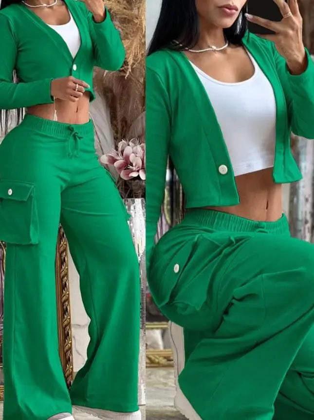 Conjuntos informales de dos piezas para mujer, cárdigan a la moda para primavera y otoño, Top corto de manga larga, pantalones Cargo con bolsillos grandes, conjuntos 2024