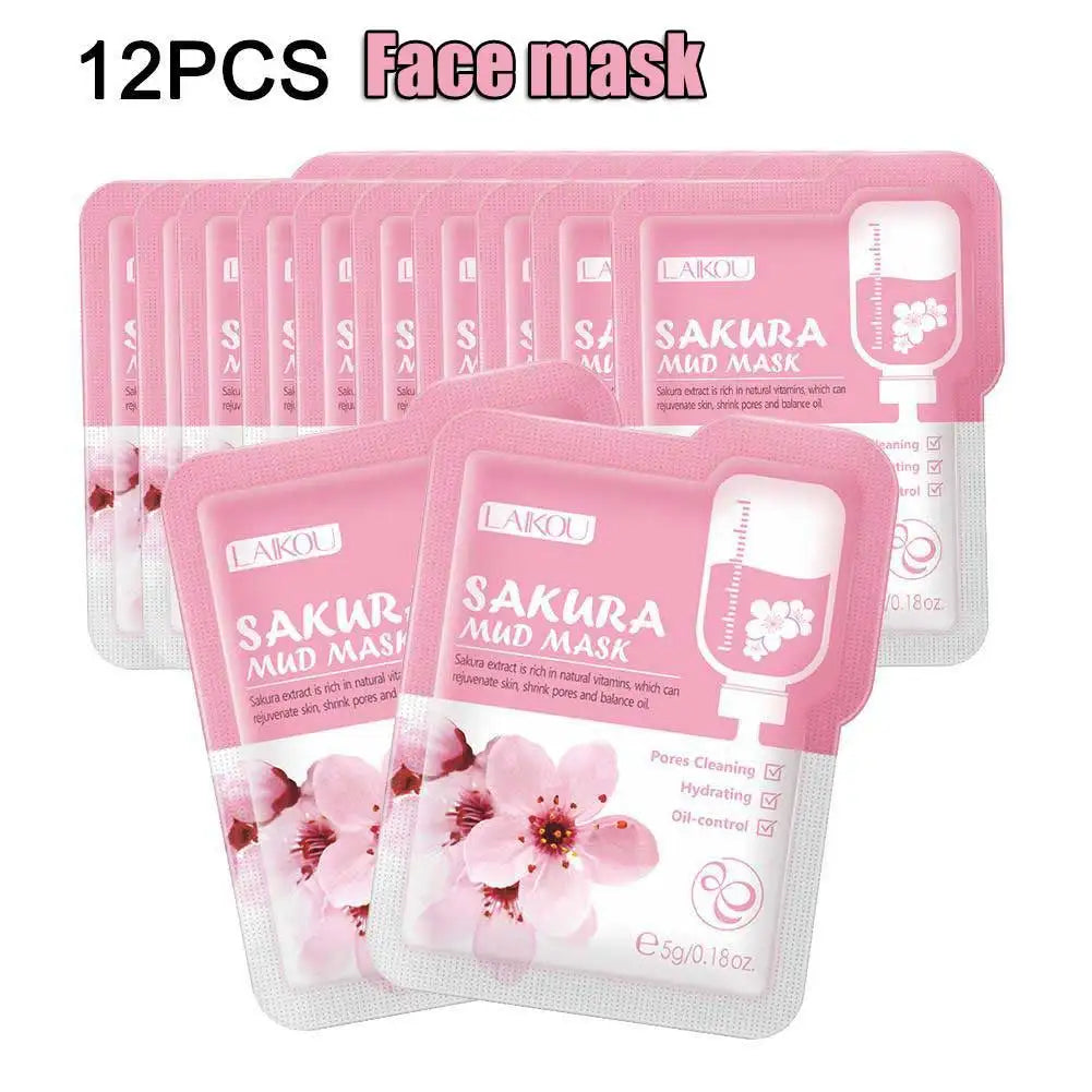 12 Uds. Mascarilla de barro Sakura, mascarilla Facial hidratante iluminadora, limpieza de la piel luminosa, arcilla limpiadora Facial, cuidado de la piel antiarrugas hidratante