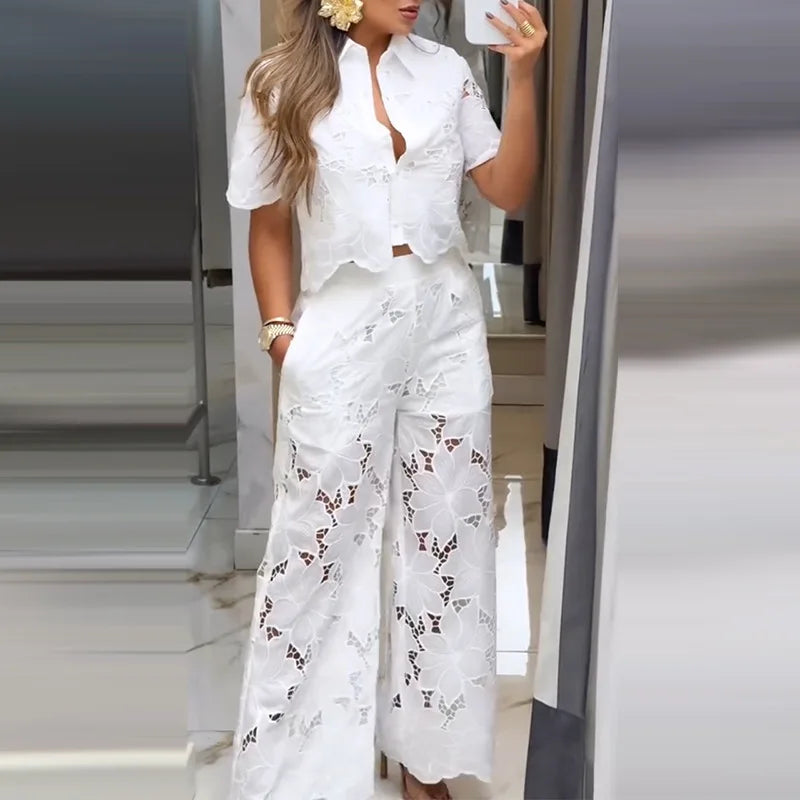 Conjunto elegante informal de 2 piezas para mujer, traje de verano 2025, moda informal para mujer, Tops de manga corta, pantalones, traje de 2 piezas para mujer