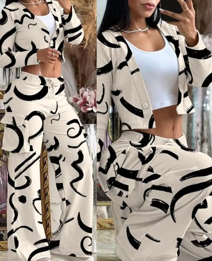 Conjuntos informales de dos piezas para mujer, cárdigan a la moda para primavera y otoño, Top corto de manga larga, pantalones Cargo con bolsillos grandes, conjuntos 2024