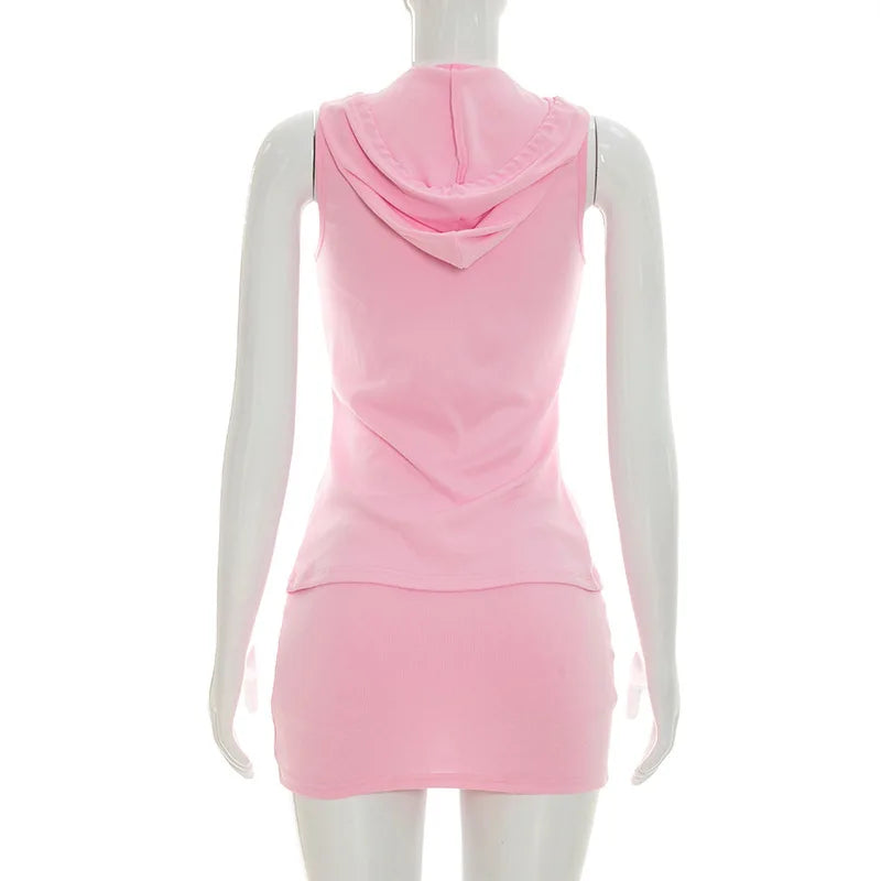 Conjunto de 2 piezas casual para mujer: Tops sin mangas con capucha y cremallera + Minifaldas ajustadas con cremallera, estilo urbano